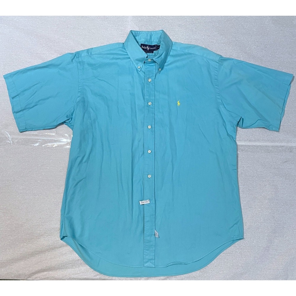 VTG 90s Ralph Lauren Blue Turquoise Shirt Sleeve Mens Shirt L